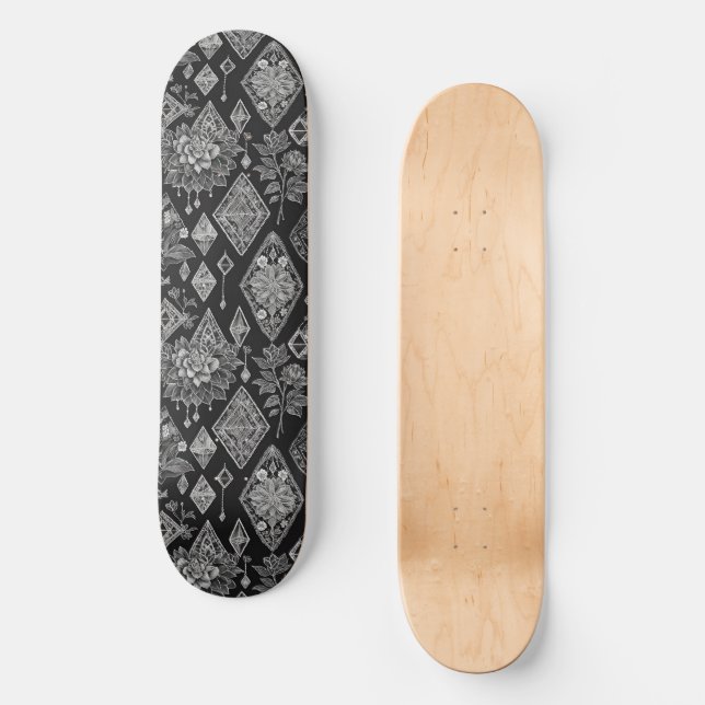 Skateboard Floral de diamantes de encaje negro y blanco (Anverso)