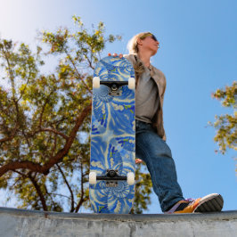 Skateboard Floral de mandala blanca y azul bohemio