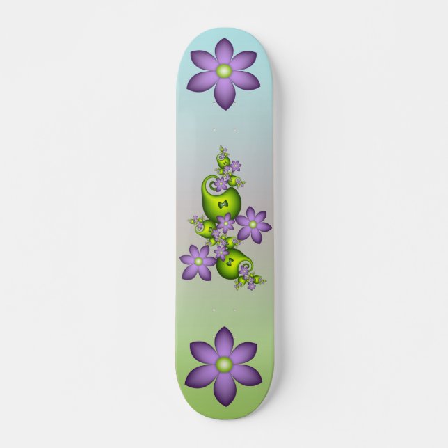 Skateboard Floral Fantasy Lilac Flowers Green Shapes Fractal (Anverso )