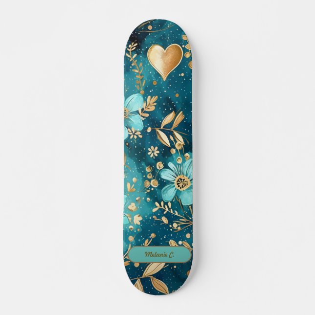 Skateboard floral personalizar Verde azulada y dor (Anverso )