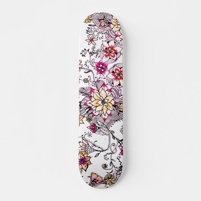 Skateboard Floral pintado a mano de la acuarela amarilla (Anverso )