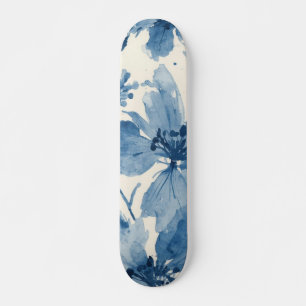 Skateboard Floral Pintado Botánico Caprichoso Acuarela Azul