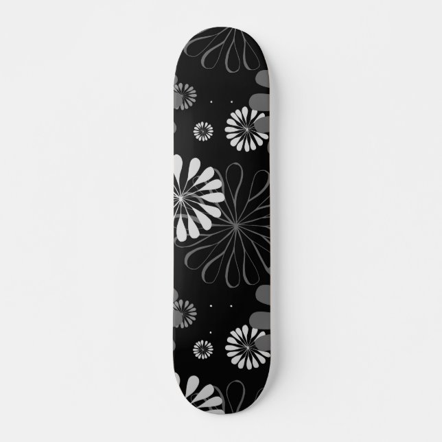 Skateboard Floral retro en blanco y negro (Anverso )