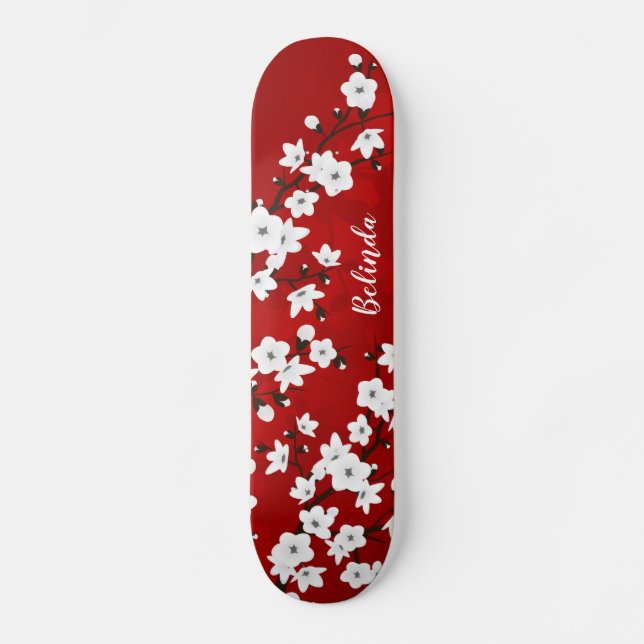 Skateboard Floral Rojo Blanco Cerezo Blossom Monograma (Anverso)