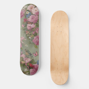 Skateboard Floral rosa con pájaro y mariposas verde