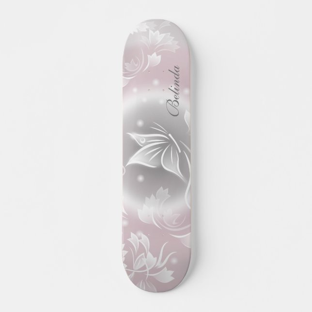Skateboard Floral Rubor Gray Butterfly Personalizado (Anverso )