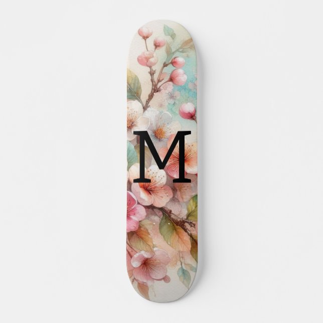 Skateboard Floral watercolor monogram pink cherry blossoms  (Anverso )
