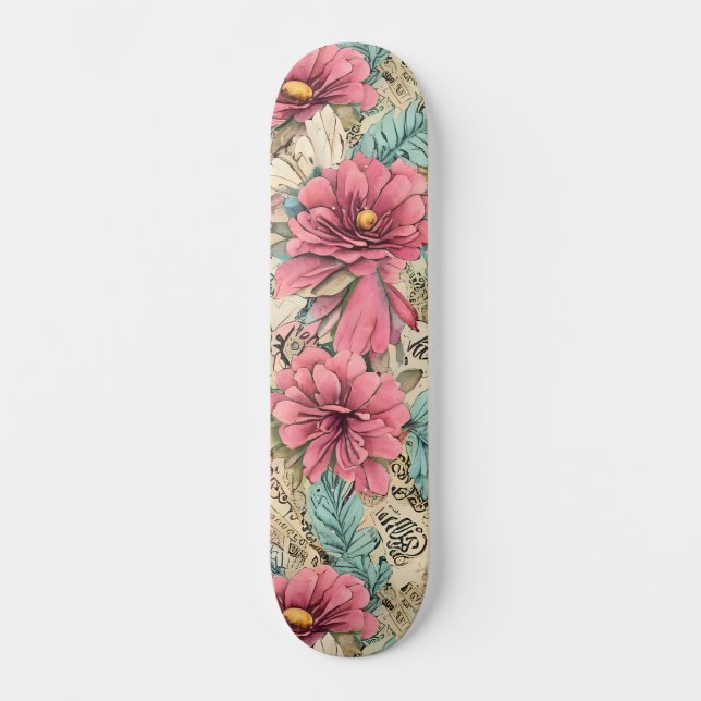 Skateboard Florales de inspiración rosa y Verde azulada de co (Anverso)