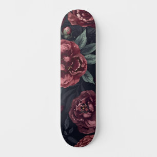 Skateboard Florales Malhumorados Patrón Acuarela Rojo Oscuro