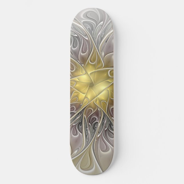 Skateboard Florecer Con Flor Fractal Moderna De Oro Abstracto (Anverso)