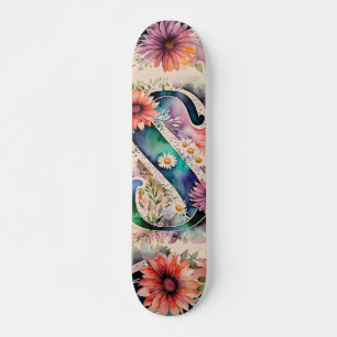 Skateboard Flores acuáticas de tonos pastel y joyas Monograma