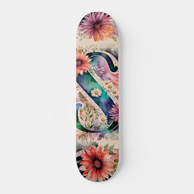 Skateboard Flores acuáticas de tonos pastel y joyas Monograma (Anverso )
