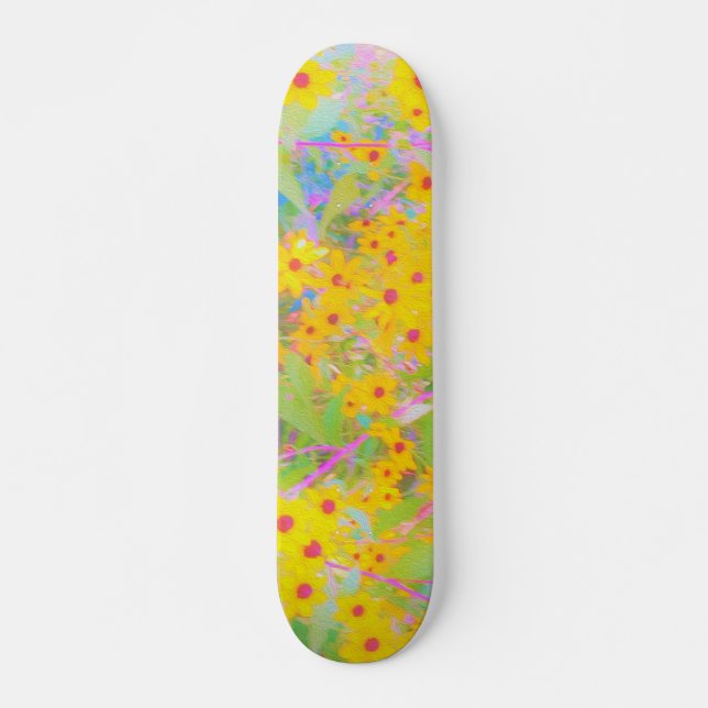 Skateboard Flores amarillas y rojas bonito con azul turquesa (Anverso )
