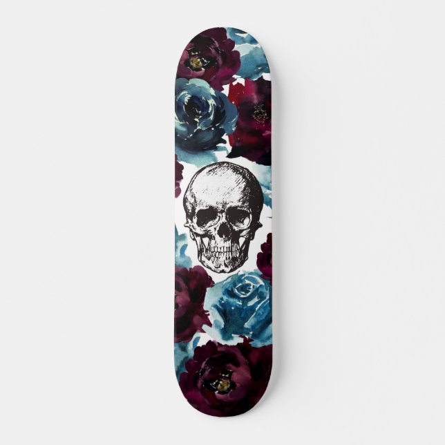 Skateboard Flores azules de Borgoña Skull GIrly Edgy (Anverso )