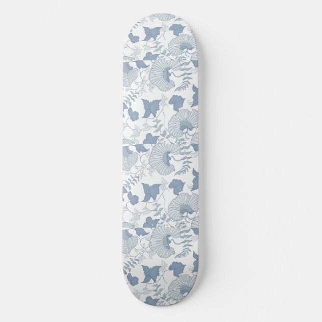 Skateboard Flores azules japonesas de fondo blanco (Anverso)