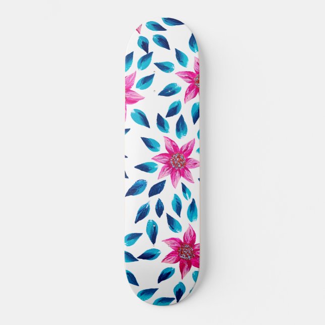 Skateboard Flores azules rosas brillantes dejan pintura acríl (Anverso)