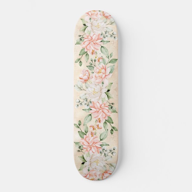 Skateboard Flores blancas color de agua elegante (Anverso)