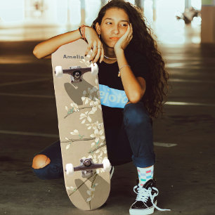 Skateboard Flores blancas vintage personalizadas