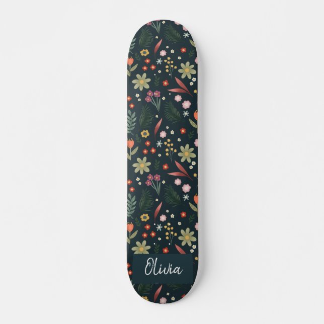Skateboard Flores botánicas azules de la Marina Azul Girly y  (Anverso )