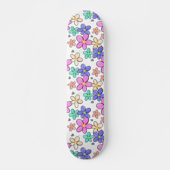 Skateboard flores brillantes arcoíris coloridas abejas floral (Anverso )