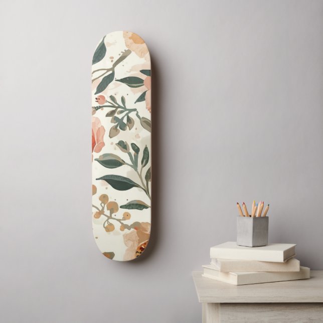 Skateboard Flores de acuarela naranja pintura botánica (Arte de la pared)