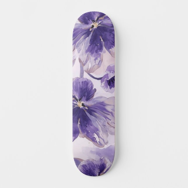 Skateboard Flores de Acuarela Violeta Florecen Pintadas (Anverso)