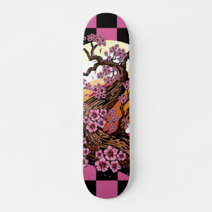 Skateboard Flores de Cerezo Cuadradas Negras y Rosas Japonesa