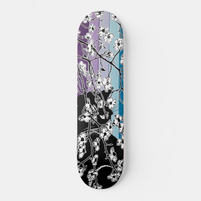 Skateboard Flores de cerezo Gato negro Rayas florales Purple (Anverso)