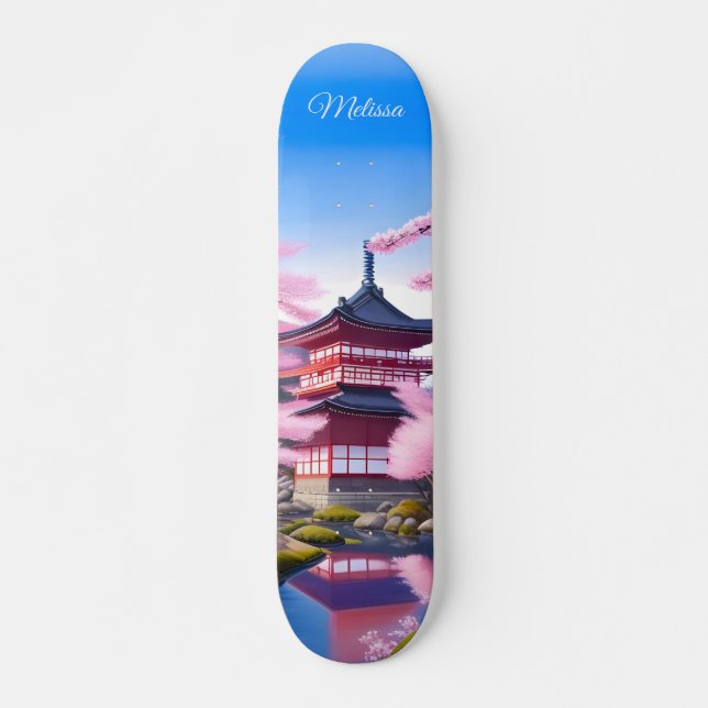 Skateboard Flores De Cerezo Y Templo Japoneses (Anverso )