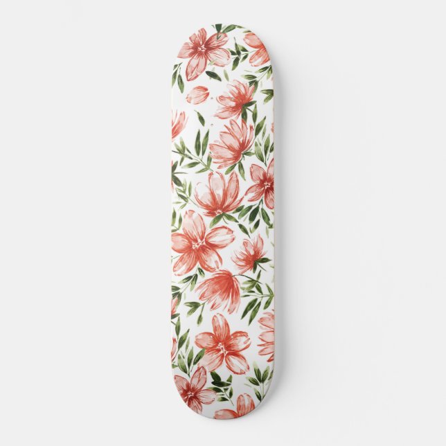 Skateboard Flores de color de agua rojo (Anverso)