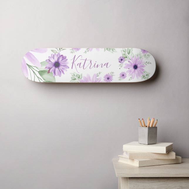 Skateboard Flores de color verde violeta personalizadas (Arte de pared (horz))