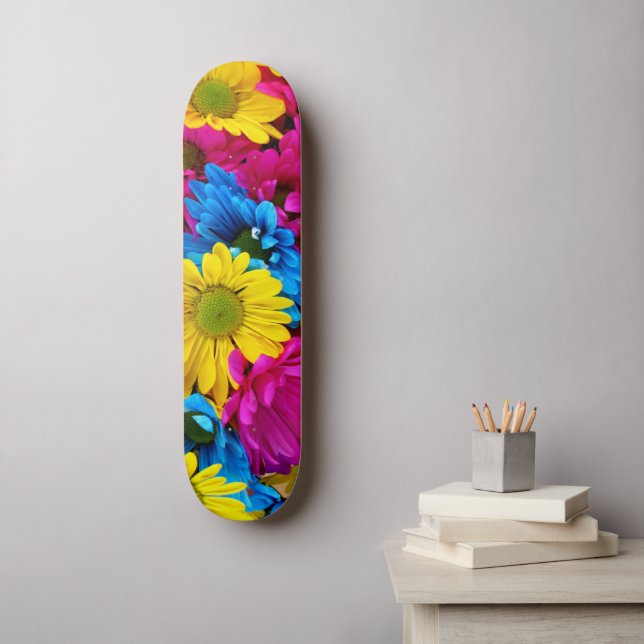 Skateboard Flores de colores, margaritas - rosa amarillo azul (Arte de la pared)