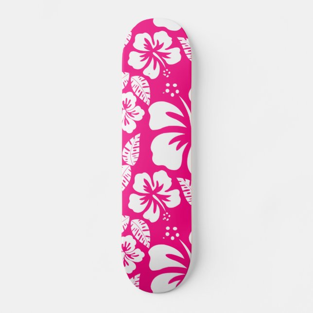 Skateboard Flores de Hibiscus Tropical Rosa Brillante (Anverso)