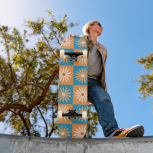 Skateboard Flores de margarita de cuadros en cuadrados naranj