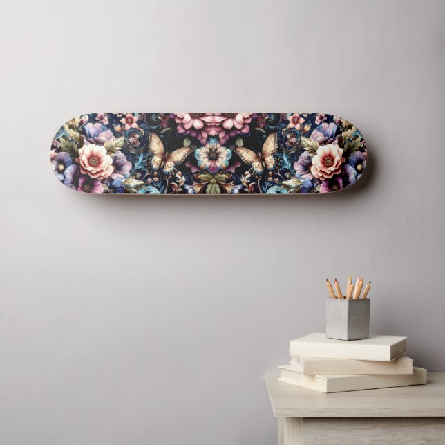 Skateboard Flores de primavera y mariposas antiguas (Arte de pared (horz))