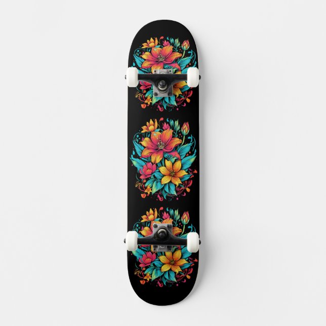 Skateboard Flores Florales Vibrantes (Anverso)
