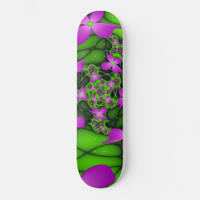 Skateboard Flores fractales abstractas modernas neón rosa ver (Anverso)