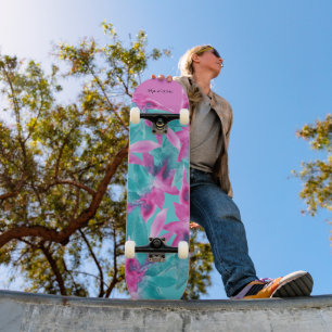 Skateboard Flores Hawaianas Abstractas Rosa Turquesa