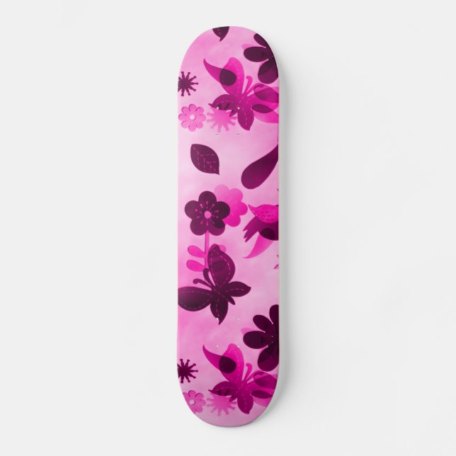 Skateboard Flores moradas rosadas calientes Pájaros Mariposas (Anverso)