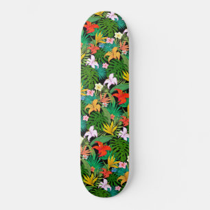 Skateboard Flores multicolores y hojas de palma sobre negro