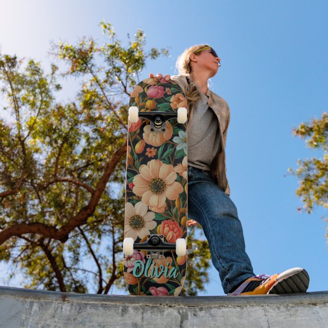 Skateboard Flores naranjas retro tulipanes crisantemos margar (Exterior 1)