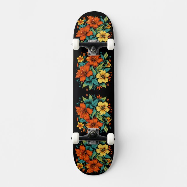 Skateboard Flores naranjas y amarillas (Anverso)