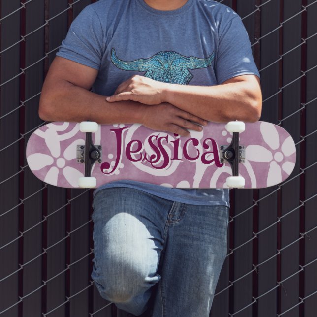 Skateboard Flores Remolinos Patrón Rosa Blanco Personalizado (Exterior 3)