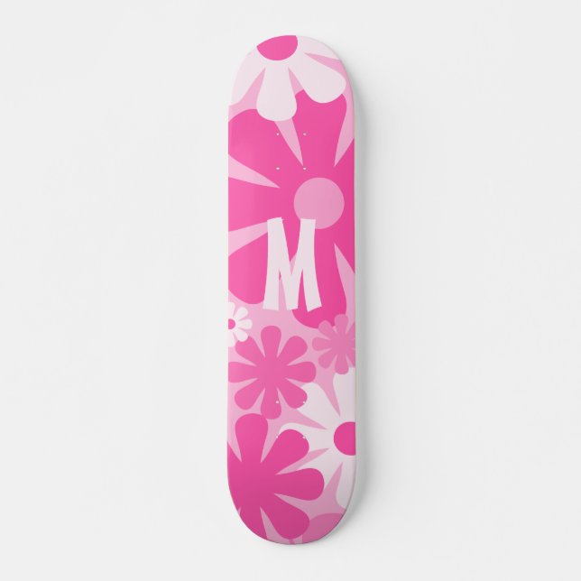Skateboard Flores retro Patrón rosa con inicial (Anverso )
