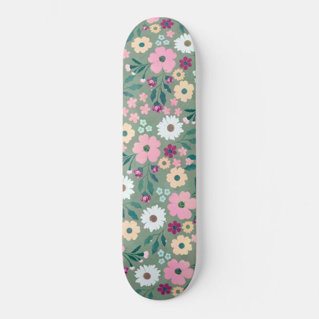 Skateboard Flores rosa verde bonito Botánica (Anverso)
