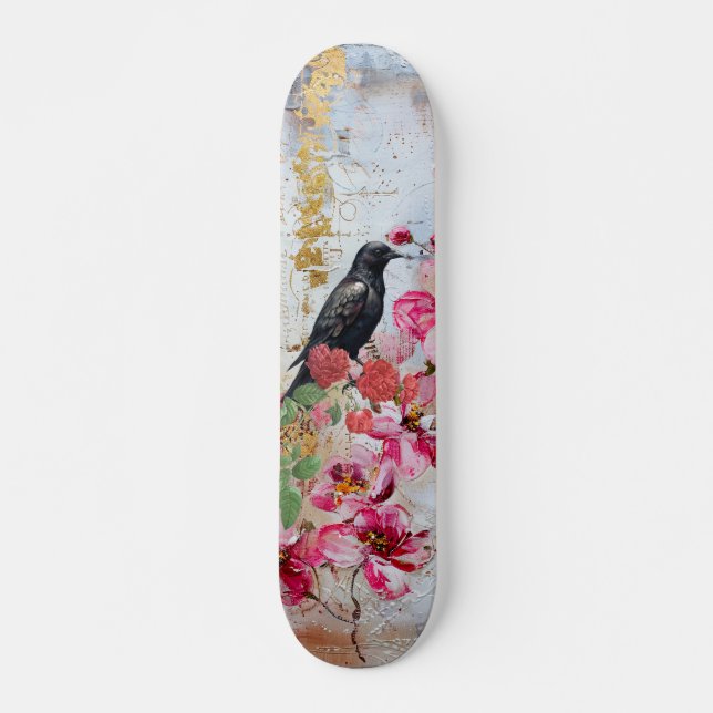 Skateboard Flores rosadas angustiadas Raven & Roses Skateboar (Anverso )