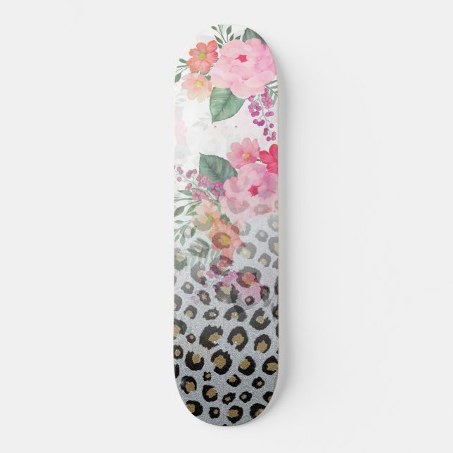 Skateboard Flores rosadas impresas de Leopardo negro dorado p (Anverso)