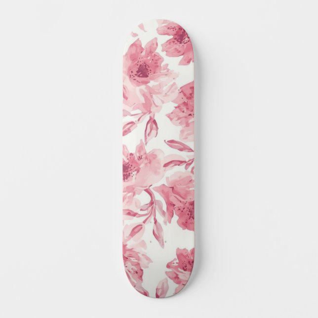 Skateboard Flores rosadas sonrosadas acuarela pintada floral  (Anverso)