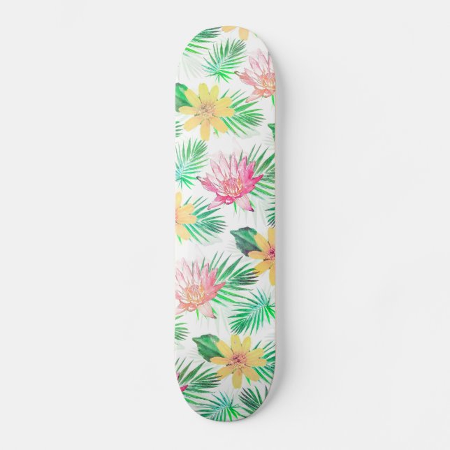 Skateboard Flores rosadas y amarillas tropicales (Anverso)