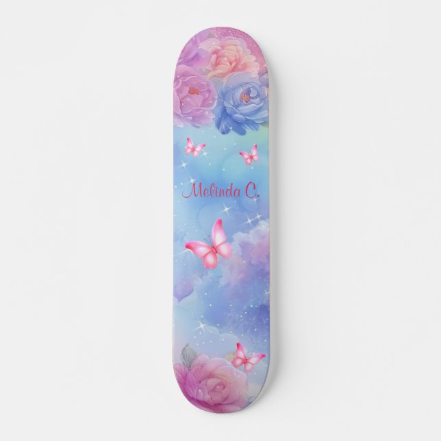 Skateboard Flores rosas y mariposas rosadas nubes arco iris (Anverso )